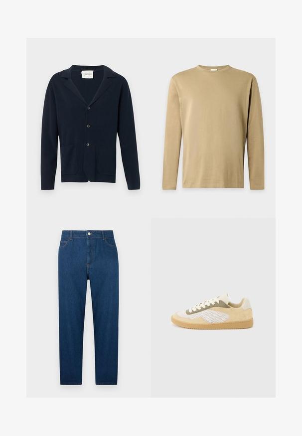 Gilet boutonné bleu marine avec deux poches à l'avant et un col, présenté sur un fond blanc.; T-shirt beige à manches longues avec col rond, au design simple et uni sur un fond gris clair.; Jean droit en denim bleu foncé avec bouton et fermeture éclair à l'avant, design à cinq poches et coutures visibles à la taille et sur les poches.; Baskets basses en daim beige, panneaux en maille blanche, accents olive, lacets blancs et semelle en caoutchouc naturel sur fond gris clair.