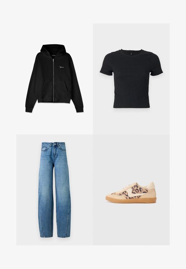 Sudadera con cremallera negra de textura acanalada, con bolsillos tipo canguro y una capucha grande. Presenta un logo blanco en la parte superior izquierda.; Camiseta negra de manga corta con tejido texturizado y cuello redondo. Corte ajustado, patrón sutil y diseño a la altura del abdomen.; Vaqueros de mezclilla azul de talle alto con pierna ancha, cierre frontal con botón y cremallera, y bolsillos delanteros y traseros, mostrados sobre un fondo liso.; Zapatillas de leopardo con parte superior de ante beige, suela de goma marrón y acentos blancos. Punta redonda y diseño con cordones con un acabado texturado.
