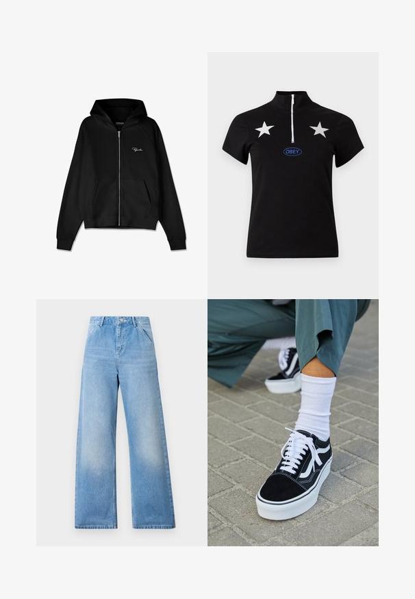 Sudadera con cremallera negra de textura acanalada, con bolsillos tipo canguro y una capucha grande. Presenta un logo blanco en la parte superior izquierda.; Top negro de manga corta con cremallera frontal hasta la mitad, dos gráficos de estrellas blancas en el pecho y un logo azul "OBEY" centrado debajo de las estrellas.; Jeans de mezclilla anchos de color azul claro con un diseño de cintura alta, que cuentan con dos bolsillos frontales y un cierre de botón. Acabado limpio con un desvanecimiento mínimo.; Zapatillas de ante negro con acentos y cordones blancos, que cuentan con una gruesa suela blanca y costuras en contraste, combinadas con un calcetín blanco.