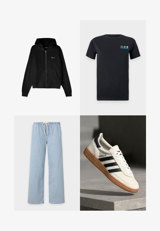 Sort zip-up hættetrøje med ribbet tekstur, kengurulommer og en stor hætte. Har hvidt logo på øverste venstre side.; Sort bomulds T-shirt med korte ærmer, der har et farverigt logo-design med pink, blå og grønne elementer på venstre brystområde.; Lyseblå og hvide lodrette stribede afslappede bukser med elastisk linning og hvid snor, vidt ben pasform.; Hvide ruskinds sneakers med marineblå striber, gummisål, struktureret overdel, rund tå og snøring; har branding på siden og tungen.