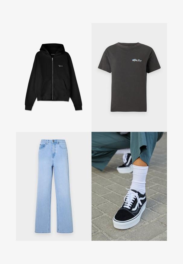 Zwarte zip-up hoodie met ribbelstructuur, kangoeroe pockets en een grote capuchon. Heeft een wit logo aan de bovenkant aan de linkerkant.; Zwarte katoenen t-shirt met een ronde halslijn en korte mouwen. Voorzien van een kleurrijk bloemenlogo op de linkerkant van de borst. Klassieke pasvorm.; Lichtblauwe high-waisted jeans met een wijd uitlopende pasvorm, gemaakt van denim. Kenmerkt zich door opvallende stiksels en een vijf-pocket styling.; Zwarte suède sneaker met witte accenten en veters, uitgerust met een dikke witte zool en contrasterende stiksels, gecombineerd met een witte sok.