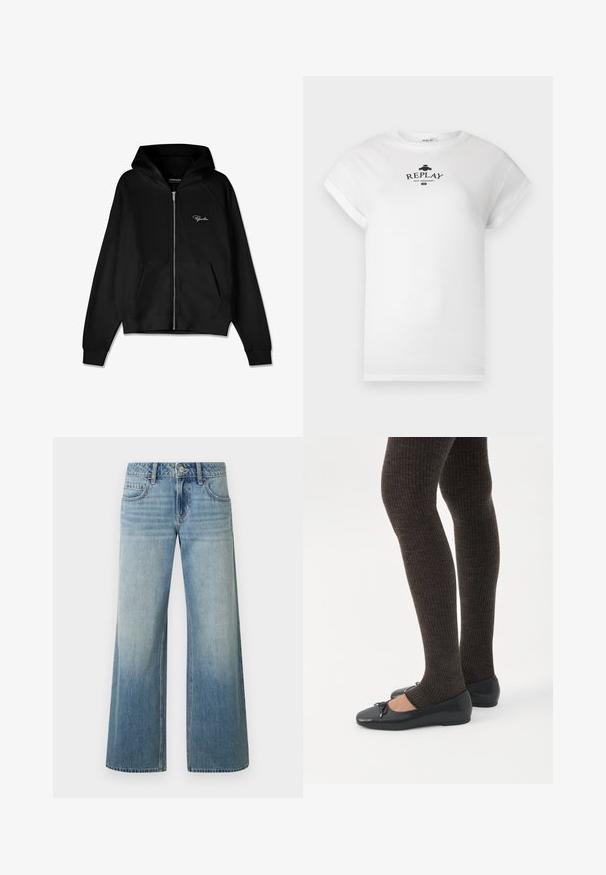 Zwarte zip-up hoodie met ribbelstructuur, kangoeroe pockets en een grote capuchon. Heeft een wit logo aan de bovenkant aan de linkerkant.; Wit katoenen T-shirt met een ronde hals en opgerolde korte mouwen. Heeft een zwarte gedrukte logo met de tekst "REPLAY NOT ORDINARY."; Lichtblauwe jeans met wijde pijpen en een vervaagde afwerking, voorzien van een knoopsluiting, vijf zakken en gestikte details langs de naden.; Benen met donkere geribbelde leggings gecombineerd met zwarte ballerina's met kleine strikdetails op een witte achtergrond.