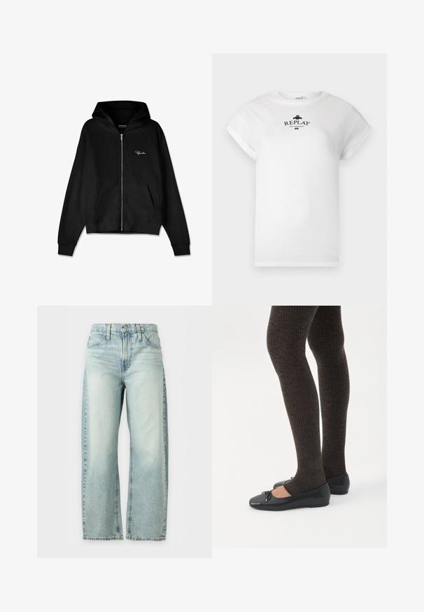 Zwarte zip-up hoodie met ribbelstructuur, kangoeroe pockets en een grote capuchon. Heeft een wit logo aan de bovenkant aan de linkerkant.; Wit katoenen T-shirt met een ronde hals en opgerolde korte mouwen. Heeft een zwarte gedrukte logo met de tekst "REPLAY NOT ORDINARY."; Lichtblauwe jeans met wijde pijpen, voorzakken, riemlussen en knoopsluiting, getoond tegen een witte achtergrond.; Benen met donkere geribbelde leggings gecombineerd met zwarte ballerina's met kleine strikdetails op een witte achtergrond.