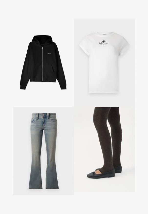 Zwarte zip-up hoodie met ribbelstructuur, kangoeroe pockets en een grote capuchon. Heeft een wit logo aan de bovenkant aan de linkerkant.; Wit katoenen T-shirt met een ronde hals en opgerolde korte mouwen. Heeft een zwarte gedrukte logo met de tekst "REPLAY NOT ORDINARY."; Lichtblauwe flared jeans van denim. Bevat twee voorkruiken, een knoopsluiting en subtiele vervaging over de stof.; Benen met donkere geribbelde leggings gecombineerd met zwarte ballerina's met kleine strikdetails op een witte achtergrond.