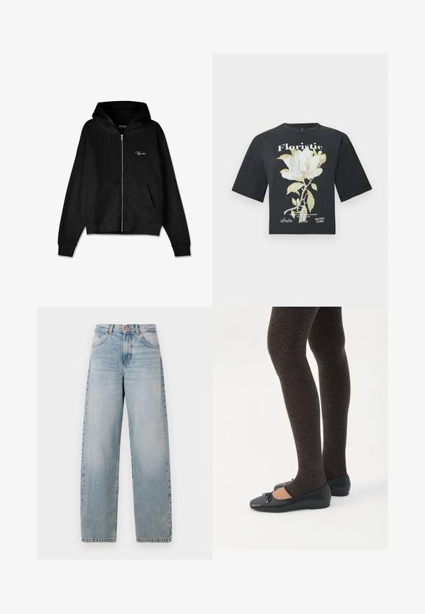 Zwarte zip-up hoodie met ribbelstructuur, kangoeroe pockets en een grote capuchon. Heeft een wit logo aan de bovenkant aan de linkerkant.; Zwarte oversized T-shirt met een grote witte en groene bloemenprint en tekst met de woorden "Floristic" en "Beautiful Flower" op de voorkant.; Lichtblauwe denim jeans met een losse pasvorm, hoge taille, vijf zakken en een lichte vervaging. Heeft metalen knopen en stiksels als accenten.; Benen met donkere geribbelde leggings gecombineerd met zwarte ballerina's met kleine strikdetails op een witte achtergrond.