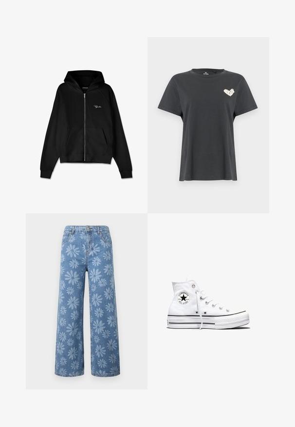 Sudadera con cremallera negra de textura acanalada, con bolsillos tipo canguro y una capucha grande. Presenta un logo blanco en la parte superior izquierda.; Camiseta negra de manga corta con cuello redondo y pequeño diseño de corazón blanco en el pecho izquierdo.; Vaqueros anchos de pierna ancha en denim azul con patrón floral de margaritas en azul claro, bolsillos frontales, trabillas para cinturón y cierre con botón.; Zapatilla blanca de caña alta Converse Chuck Taylor All Star con parche de logo negro y cordones blancos, presentada sobre fondo blanco.