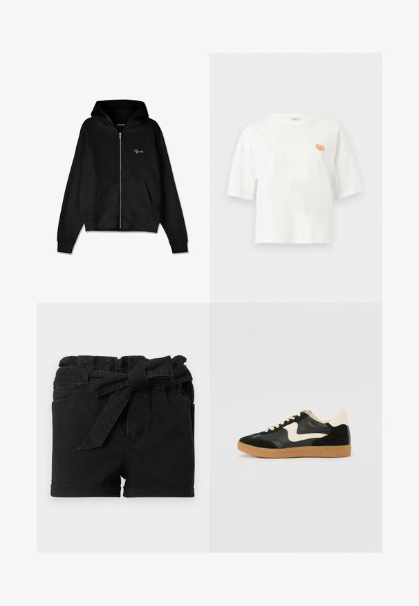 Sort zip-up hættetrøje med ribbet tekstur, kengurulommer og en stor hætte. Har hvidt logo på øverste venstre side.; Hvid T-shirt med korte ærmer og rund hals med lille broderet appelsindetalje på venstre bryst.; Sorte denimshorts med opsmøgede kanter og et matchende stofbælte bundet i en sløjfe ved det rynkede taljebånd.; Sorte ruskinds- og lædersneakers med en cremefarvet side-swoosh og lys cremefarvet hæl. Har beige snørebånd og en gummirubber-sål.