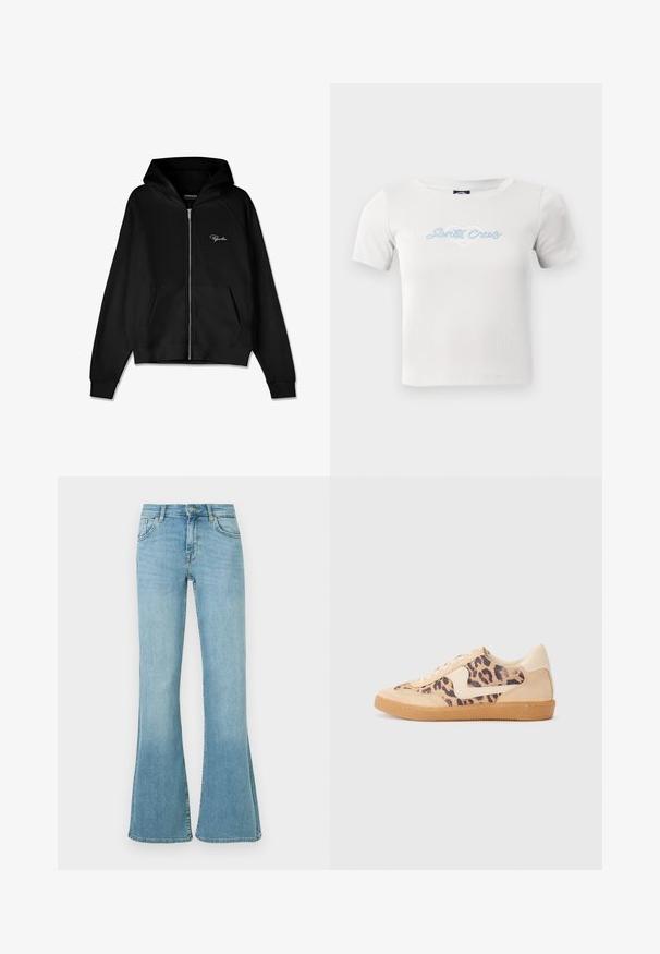 Sudadera con cremallera negra de textura acanalada, con bolsillos tipo canguro y una capucha grande. Presenta un logo blanco en la parte superior izquierda.; Camiseta de algodón blanca de manga corta, con un logo de script en azul claro que dice "Santa Cruz" y un gráfico de corazón en el centro.; Vaqueros de mezclilla azul claro con cintura alta, cierre frontal con botón y cremallera, bolsillos delanteros y traseros, y piernas acampanadas.; Zapatillas de leopardo con parte superior de ante beige, suela de goma marrón y acentos blancos. Punta redonda y diseño con cordones con un acabado texturado.