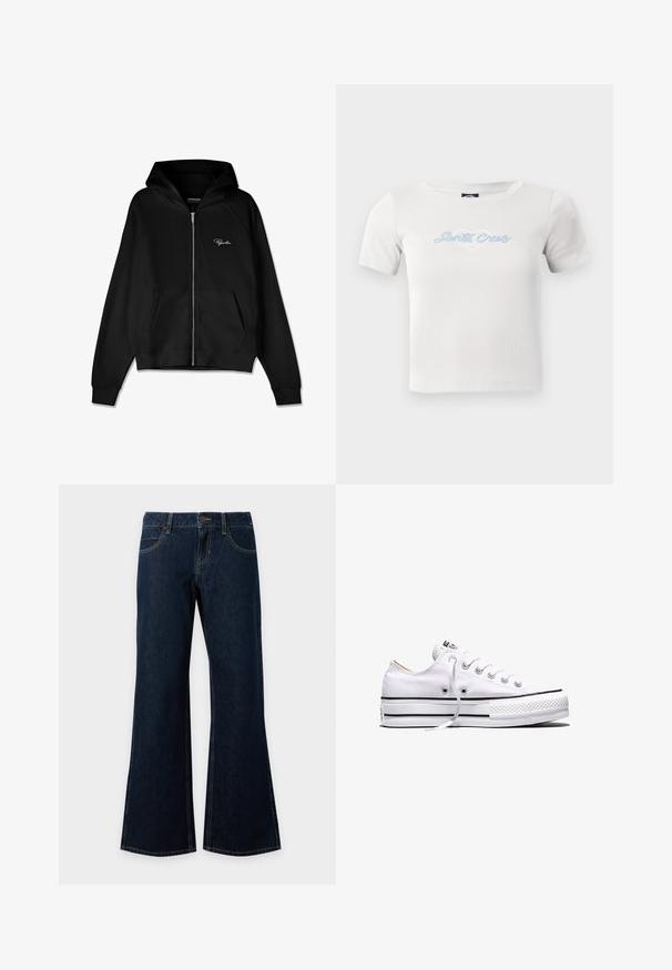 Sudadera con cremallera negra de textura acanalada, con bolsillos tipo canguro y una capucha grande. Presenta un logo blanco en la parte superior izquierda.; Camiseta de algodón blanca de manga corta, con un logo de script en azul claro que dice "Santa Cruz" y un gráfico de corazón en el centro.; Vaqueros de mezclilla azul oscuro con botón y cremallera delanteros, cinco bolsillos y piernas anchas ligeramente acampanadas.; Zapatilla baja de lona blanca con cordones blancos, rayas negras en la suela y puntera de goma texturizada, vista lateral sobre fondo blanco.