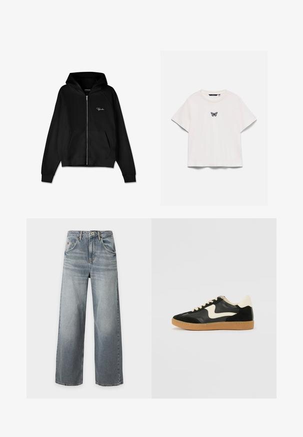 Sudadera con cremallera negra de textura acanalada, con bolsillos tipo canguro y una capucha grande. Presenta un logo blanco en la parte superior izquierda.; Camiseta blanca de manga corta con escote redondo y pequeño dibujo de mariposa en púrpura y negro centrado en el pecho.; Vaqueros azul claro de pierna ancha con lavado desgastado, cierre frontal de botón y cremallera, bolsillos delanteros y traseros y trabillas para cinturón, dispuestos planos sobre un fondo blanco.; Zapatillas de deporte de ante y cuero negro con un swoosh lateral en crema y un talón en crema claro. Presenta cordones beige y una suela de goma marrón.