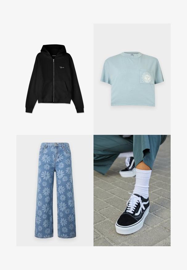 Sort zip-up hættetrøje med ribbet tekstur, kengurulommer og en stor hætte. Har hvidt logo på øverste venstre side.; Lyseblå kort T-shirt med korte ærmer og en brystlomme med en hvid sol og ansigtsgrafik med teksten "VOLCOM".; Blå vidde-ben denimjeans med lyst blåt tusindfryd-mønster, forlommer, bæltestropper og knaplukning.; Sorte ruskinds sneakers med hvide accenter og snørebånd, der har en tyk hvid sål og kontrasterende syninger, parret med en hvid sok.