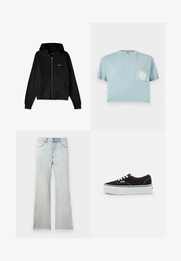 Sort zip-up hættetrøje med ribbet tekstur, kengurulommer og en stor hætte. Har hvidt logo på øverste venstre side.; Lyseblå kort T-shirt med korte ærmer og en brystlomme med en hvid sol og ansigtsgrafik med teksten "VOLCOM".; Lyseblå højtaljede jeans med lige ben, forlommer, knaplukning og frynsete kanter på hvid baggrund.; Sort lærred sneakers med en hvid gummi platform sål, der har hvide snørebånd og syninger, ikonisk branding på siden, lav-top design.