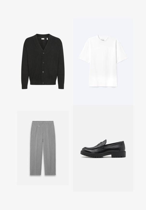 Solid SDNALLI - Gilet - true black; T-shirt blanc uni à manches courtes et col rond avec une coupe décontractée, présenté sur un fond clair.; Pantalon gris plissé en tissu texturé. Doté d'un clip carabine sur la taille et de poches avant pour le rangement.; Mocassins en cuir noir avec un bout arrondi, un design à enfiler et une semelle en caoutchouc épaisse avec une texture antidérapante. Talon surélevé et détails de surpiqûre subtils.