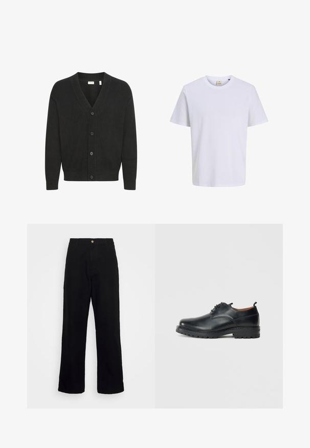 Solid SDNALLI - Gilet - true black; T-shirt en coton blanc avec un col rond, des manches courtes et un logo discret sur la poitrine. Texture lisse et coupe décontractée.; Pantalon noir en tissu lourd, avec design à jambes droites, poches avant, fermeture éclair et bouton métallique unique.; Chaussures derby en cuir noir avec une texture lisse, bout rond, design à lacets et une semelle en caoutchouc épaisse et robuste.