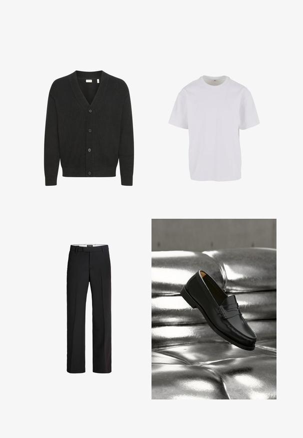 Solid SDNALLI - Gilet - true black; T-shirt blanc à manches courtes en coton doux, avec un col rond et une coupe décontractée à ourlet droit. Aucun motif ni accent visible.; Pantalon noir avec une coupe ajustée ; présente un devant lisse, deux poches latérales et une texture douce ; fabriqué à partir d'un matériau léger et respirant.; Mocassin en cuir noir flottant au-dessus d'un canapé en cuir argenté brillant matelassé à boutons dans un décor minimaliste.