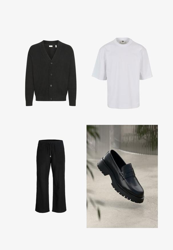 Solid SDNALLI - Gilet - true black; T-shirt blanc à manches courtes en coton. Il présente un col rond et une coupe ample, avec une texture lisse et sans motifs ni graphiques visibles.; Pantalon large noir avec taille élastique et cordon, fabriqué en tissu léger texturé.; Mocassins en cuir noir avec une semelle à crampons épaisse, dotés d'une sangle décorative et de détails de couture. Texture lisse avec une finition polie.