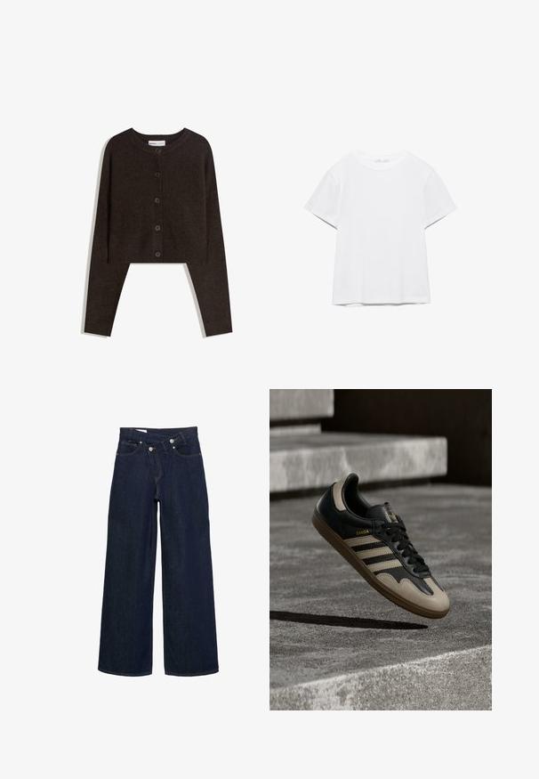 Cardigan marron court en matière douce, avec un col rond, cinq boutons et des manches longues bordées de côtes.; T-shirt blanc uni à manches courtes et col rond, avec un ourlet droit, présenté sur un fond blanc.; Jean en denim bleu foncé à jambes larges, taille haute et fermeture à boutons, avec poches avant et arrière et coutures brunes.; Baskets en cuir noir et beige avec trois bandes blanches, semelle en caoutchouc beige et détail en or "Samba" sur le côté.