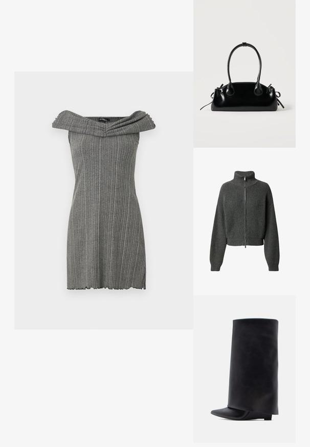 LeGer by Lena Gercke CINDY JUMPER - Ζακέτα - graumeliert; Γκρι φόρεμα με off-the-shoulder σχέδιο και κάθετη ραφιέρα, διαθέτει φαρδύ, διπλωμένο λαιμό και σχήμα με κυματισμένη τελείωση.; Μαύρα δερμάτινα μποτάκια αστραγάλου με ψηλό κυλινδρικό πάτο, μυτερή μύτη και χαμηλό επίπεδο τακούνι, με λείο υφή και λιτό σχεδιασμό.; Μικρή μαύρη γυαλιστερή τσάντα με δύο μακριές λαβές και λεπτομέρειες με ρυθμιζόμενο κορδόνι στο πλάι σε απλό ανοιχτό φόντο.