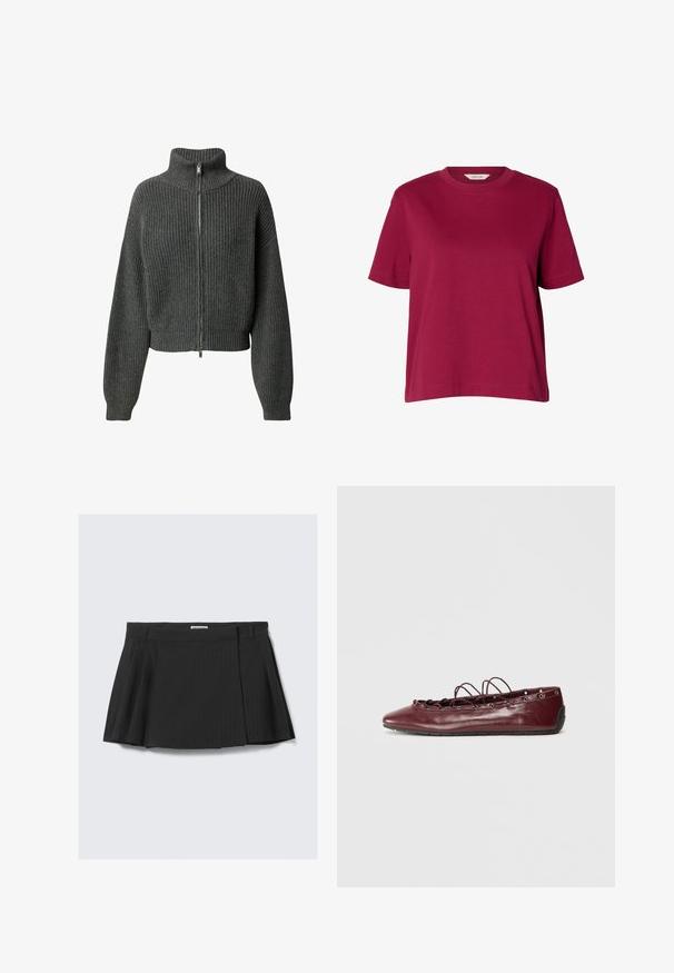 LeGer by Lena Gercke CINDY JUMPER - Ζακέτα - graumeliert; Απλή μπορντό κοντομάνικη μπλούζα με στρογγυλή λαιμόκοψη, χαλαρή εφαρμογή, εμφανίζεται σε απλό λευκό φόντο.; Μαύρη πλισέ φούστα με σχέδιο ρίγας, φτιαγμένη από υφασμάτινη ύλη με υφή και με ζωνάκι στη μέση, σχεδιασμένη για εφαρμοστό στυλ.; Μπαλαρίνες από μπορντό δέρμα με αιχμηρή μύτη, δαντέλα μπροστά και ασημί οπές. Μαλακό πέλμα για ευελιξία και άνεση.