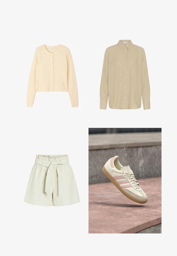 Lys beige kort cardigan lavet af blødt strikket stof, med rund halsudskæring, knaplukning og ribbede manchetter og kant.; Beige langærmet skjorte med knapper, spidse kraver og hvide knapper, vist forfra på en hvid baggrund.; Kremfarvede shorts med høj talje, med en rynket elastisk talje og matchende stofbælte bundet i en sløjfe foran.; Sneaker i beige læder med lyserøde accenter, med tre striber på siden, en rundet tå og en tekstureret gummisål. Let polstret krave.