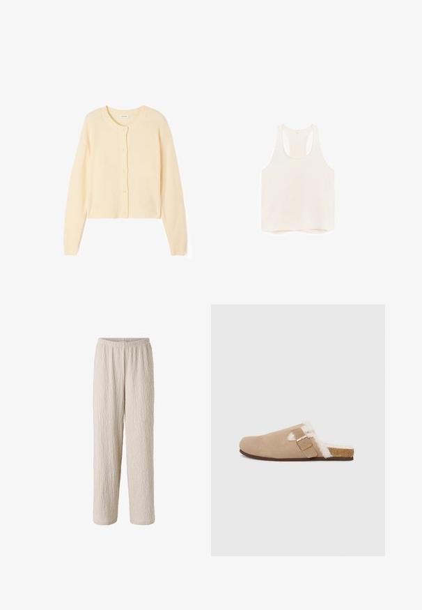 Lys beige kort cardigan lavet af blødt strikket stof, med rund halsudskæring, knaplukning og ribbede manchetter og kant.; Hvid ærmeløs racerback tanktop med rund halsudskæring, lagt fladt på en hvid baggrund.; Kremfarvede teksturerede løstsiddende bukser med elastisk taljebånd, lige ben og blødt, krøllet stof.; Beige ruskinds slippers med fluffy hvid foring, kork-accenteret sål og justerbar rem. Lukket tå-design, let buet form.
