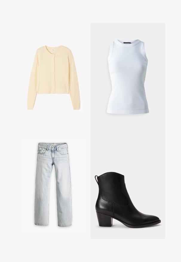 Lys beige kort cardigan lavet af blødt strikket stof, med rund halsudskæring, knaplukning og ribbede manchetter og kant.; Hvid ærmeløs top lavet af ribbet stof, med en rund halsudskæring og en tætsiddende silhuet. Glat tekstur, ingen synlige mønstre eller detaljer.; Lyseblå denimjeans med en afslappet pasform, høj talje og fem-lomme design. Har syning detaljer og knaplukning.; Sort læder ankelstøvle med lav blokhæle, rundet tå og trækstrop bagpå mod en ens hvid baggrund.