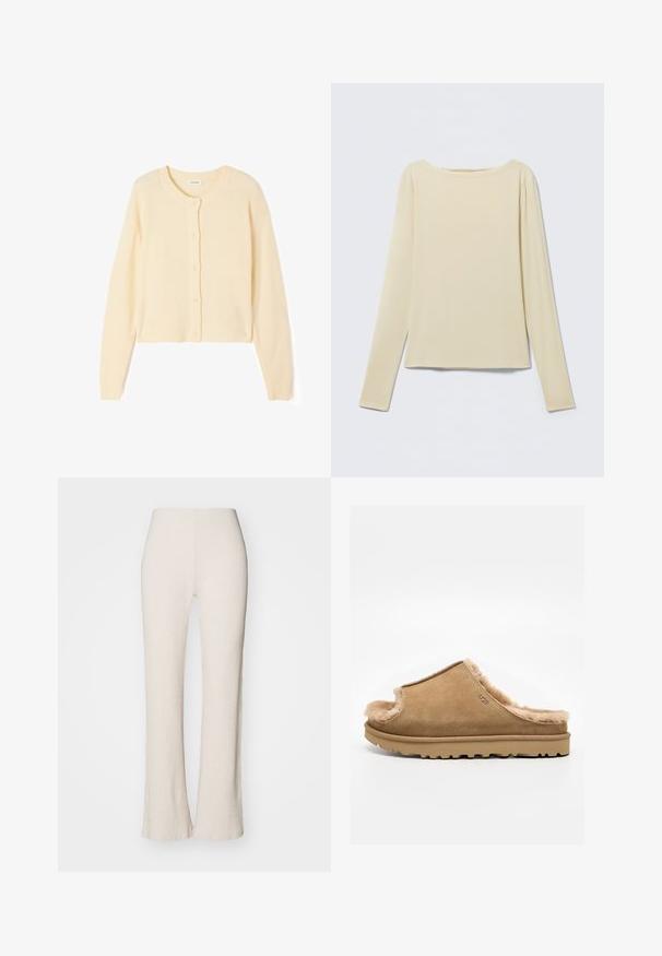 Hellbeige, kurzer Cardigan aus weichem Strickstoff, mit Rundhalsausschnitt, Knopfverschluss sowie gerippten Bündchen und Saum.; Beige langärmeliges, figurbetontes Oberteil mit U-Boot-Ausschnitt, flach auf hellem Hintergrund liegend präsentiert.; Cremfarbene Rippstrickhosen mit einem ausgestellten Bein-Design, versehen mit einem hohen Taillenbund und glatter Textur. Der Stoff wirkt dehnbar und weich.; Beige Wildleder-Hausschuh zum Hineinschlüpfen mit flauschigem Fleecefutter und Gummisohle, mit seitlichem UGG-Logo vor schlichtem weißem Hintergrund.