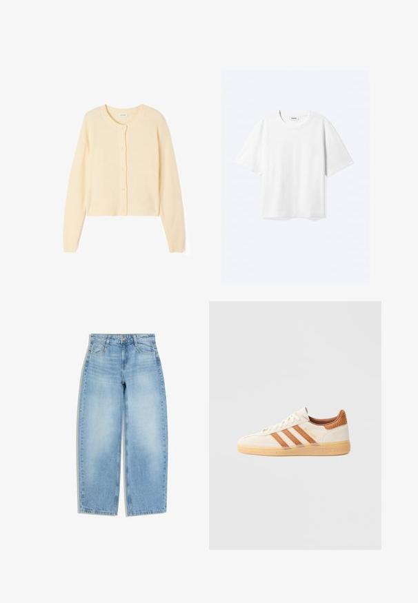 Hellbeige, kurzer Cardigan aus weichem Strickstoff, mit Rundhalsausschnitt, Knopfverschluss sowie gerippten Bündchen und Saum.; Weißes T-Shirt mit kurzen Ärmeln und Rundhalsausschnitt mit geradem Saum, innen mit gebrandetem "WEEKDAY"-Label am Kragen.; Hellblaue Jeans mit weitem Bein, Vordertaschen, Gürtelschlaufen und einem Knopfverschluss auf weißem Hintergrund.; Weißer Wildleder-Sneaker mit hellbraunen Mesh-Akzenten und drei braunen Streifen. Verfügt über eine strukturierte Gummisohle und die "SPEZIAL"-Markierung an der Seite.