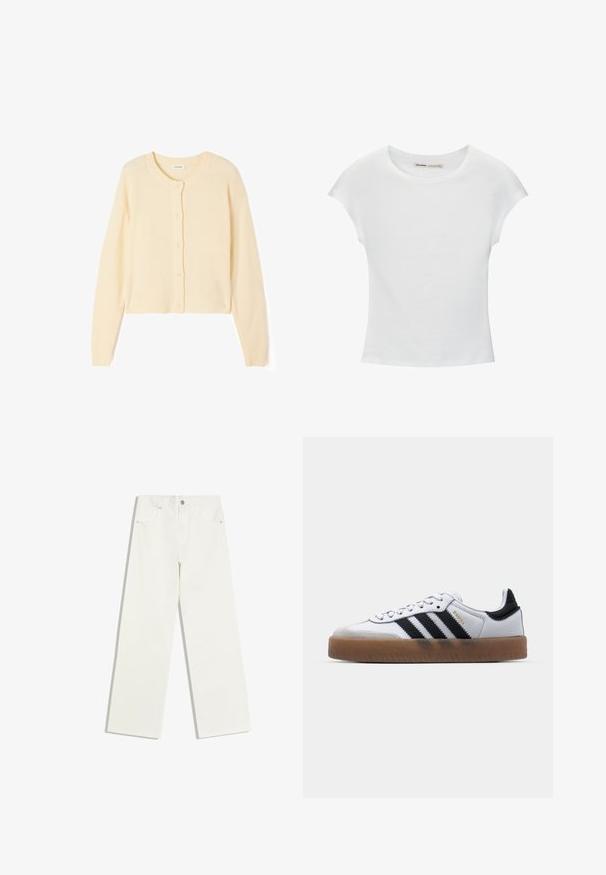 Lys beige kort cardigan lavet af blødt strikket stof, med rund halsudskæring, knaplukning og ribbede manchetter og kant.; Hvid bomuld t-shirt med korte, opsmøgede ærmer, rund halsudskæring og lige kant. Glat tekstur uden synlige mønstre eller detaljer.; Hvide jeans med højt liv og lige ben, med forlommer og knaplukning på hvid baggrund.; Hvide lædersneakers med sorte striber, gummirubber sål, rund tå, snørelukning og blød grå ruskinds tåhætte.