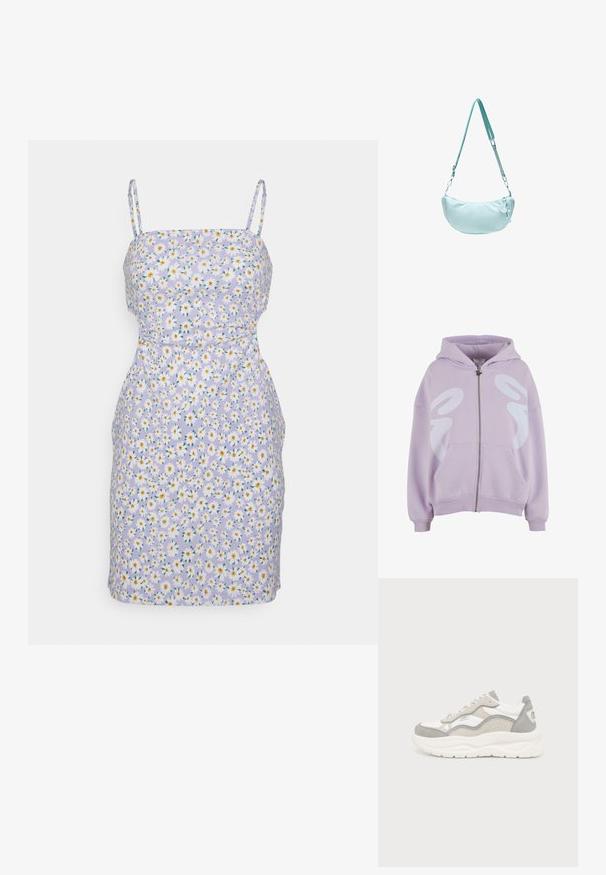 Sweat à zip violet clair avec un grand motif graphique blanc à l'avant, deux poches avant et des poignets et un ourlet côtelés.; Even&Odd by Zalando STRAPPY OPEN WAIST BODYCON MINI DRESS (EO-SS23-C130-SP) / 802 - BLACK - Robe en jersey - lilac - 403_white - 001_yellow - 202; Baskets athlétiques blanches et gris clair avec semelle épaisse, design à lacets et panneau latéral perforé sur un fond clair uni.; Sac à bandoulière bleu clair en forme de croissant avec une sangle réglable et une petite étiquette décorative sur le curseur de la fermeture éclair, isolé sur fond blanc.