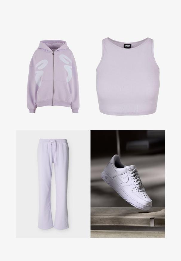 Sweat à zip violet clair avec un grand motif graphique blanc à l'avant, deux poches avant et des poignets et un ourlet côtelés.; Crop top lilas en côtes avec un col rond. Présente une forme ajustée et sans manches, fabriqué à partir d'un tissu doux et extensible.; Pantalon de survêtement violet clair à cordon de serrage avec taille élastique et jambes droites sur fond blanc.; Baskets Nike Air Force 1 blanches lévitant au-dessus d'une surface en béton avec des ombres dans un cadre minimaliste.