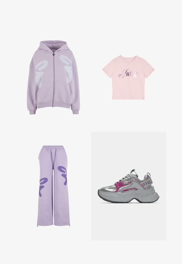 Sweat à zip violet clair avec un grand motif graphique blanc à l'avant, deux poches avant et des poignets et un ourlet côtelés.; T-shirt rose à manches courtes en coton, avec un texte en script métallique argenté "Juicy" sur le devant. Design simple à col rond.; Pantalon de survêtement violet avec une taille élastique, des jambes larges et des motifs abstraits prononcés en violet plus foncé de chaque côté. Tissu doux et texturé.; Baskets épaisses argentées avec des accents roses, panneaux en mesh, semelle épaisse et marquage "Buffalo" sur la bride du talon et le côté.