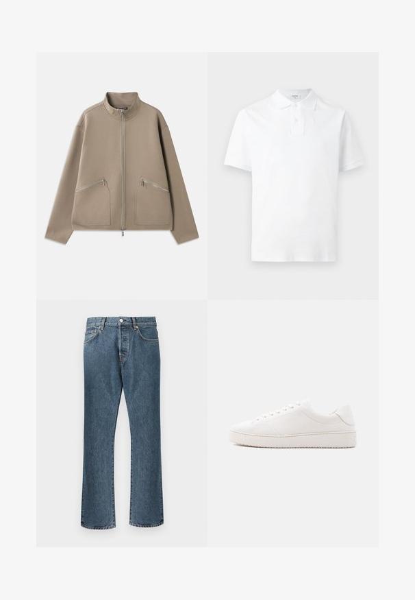 Veste zippée beige en tissu doux, dotée de deux poches zippées à l'avant, d'un col montant et d'une coupe décontractée avec des épaules tombantes.; Polo blanc à manches courtes avec col et patte à deux boutons, présenté sur un fond gris clair uni.; Jean en denim bleu avec une coupe droite, dotés d'une fermeture classique à bouton et à glissière, de cinq poches et d’un léger délavage.; Baskets en cuir blanc à finition lisse, bout rond, laçage à six œillets et semelle en caoutchouc texturée. Design minimaliste sans motifs.