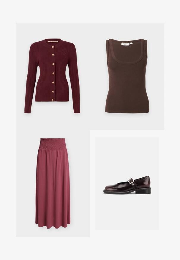 Bordeaux ribbeltrui met lange mouwen, ronde hals en zeven decoratieve gouden knopen aan de voorkant.; Bruine mouwloze geribbelde tanktop met brede bandjes en een ronde halslijn, getoond tegen een neutrale achtergrond.; Lange rok in mauve kleur met een brede, gerimpelde elastische tailleband en zachte, vloeiende stof die tot aan de zoom reikt.; Enkele glanzende donker bordeauxrode Mary Jane schoen met brede band en zilveren gesp, lage blokhak en afgeronde neus op witte achtergrond.