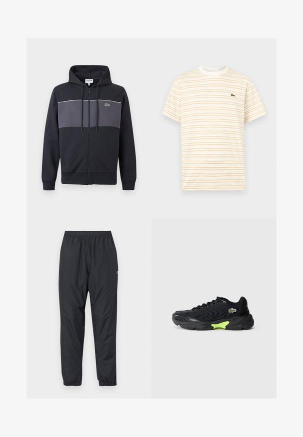 Sweat à capuche zippé noir et gris foncé avec capuche à cordon de serrage et logo crocodile vert Lacoste sur la poitrine.; T-shirt à manches courtes avec col rond, à fines rayures horizontales beige sur fond blanc, arborant un petit logo de crocodile vert sur la poitrine.; Pantalons de jogging noirs, légers, résistants à l'eau, avec une taille élastique et des poignets froncés ; détails minimalistes avec un petit logo.; Baskets noires avec un design en maille ondulée, présentant une accentuation verte sur la semelle et un logo de marque. Semelle en caoutchouc souple, construction légère.