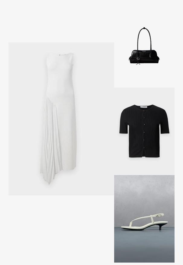 Cárdigan negro de manga corta con relieve y escote redondo, con botones negros redondos y un detalle frontal ondulado. Tela suave y texturada.; Vestido midi blanco con corte recto, que presenta un detalle plizado en un lado, escote redondo y diseño sin mangas. Textura suave.; Sandalia blanca de tacón kitten con tiras y punta afilada, flotando sobre un suelo de baldosas de madera al aire libre, con un fondo desenfocado de plantas y pared.; Bolso de hombro negro de cuero con textura de cocodrilo, con correas largas y un pequeño colgante de logo plateado en una correa.