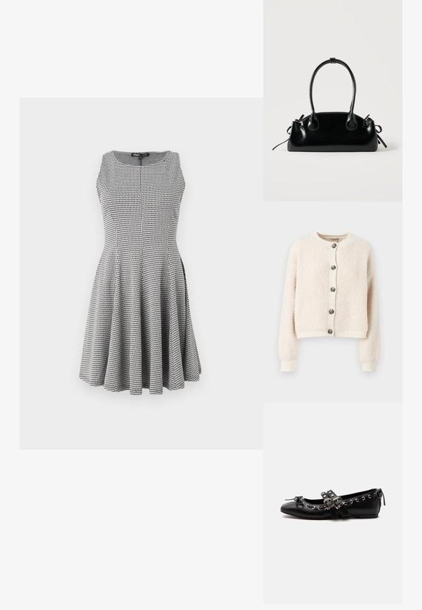 Cremefarvet cropped cardigan lavet af struktureret stof, med rund halsudskæring, knaplukning foran og ribbede manchetter og kant.; Sort-hvid ternet ærmeløs kjole med tætsiddende liv og flagrende nederdel, glat tekstur og subtile sømdetaljer.; Sort flad balletsko med dobbelt spænde, sølvøjer og en lille sløjfe nær den runde tå på en hvid baggrund.; Lille sort blank håndtaske med to lange håndtag og snøre-detaljer i siden på en ensfarvet lys baggrund.