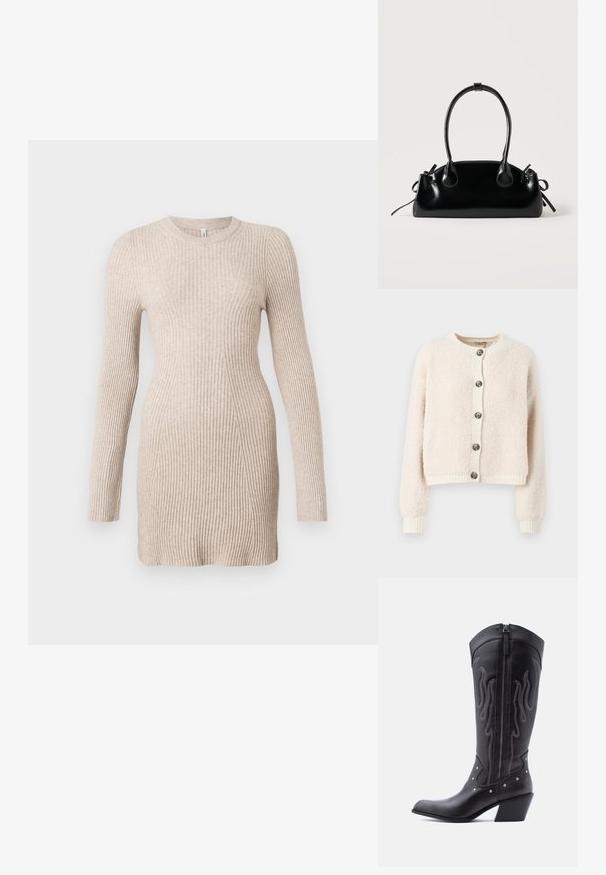 Crème-kleurige cropped cardigan van textuurstof, met een ronde halslijn, knoopsluiting aan de voorkant en geribde manchetten en onderkant.; Beige geribbelde gebreide jurk met lange mouwen, een getailleerde taille en een ronde halslijn op een witte achtergrond.; Zwarte leren cowboylaarzen met een puntige neus, zichtbare stiksels, zilveren studaccenten en een ritssluiting aan de binnenkant.; Kleine zwarte glanzende handtas met twee lange hengsels en zijkant trekkoord details op een effen lichte achtergrond.