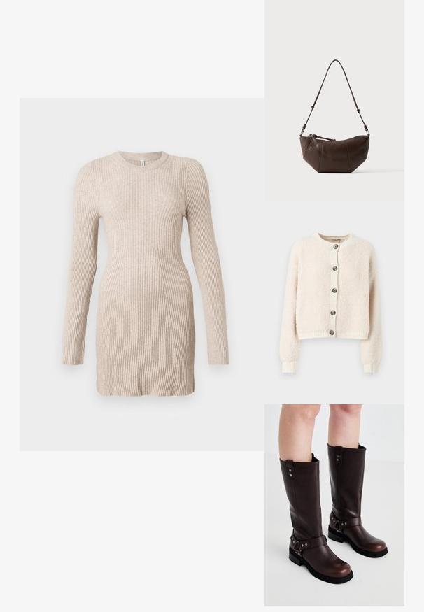 Crème-kleurige cropped cardigan van textuurstof, met een ronde halslijn, knoopsluiting aan de voorkant en geribde manchetten en onderkant.; Beige geribbelde gebreide jurk met lange mouwen, een getailleerde taille en een ronde halslijn op een witte achtergrond.; Bruine leren kniehoge laarzen met een gladde textuur, voorzien van een brede band en driehoekige hardware-accenten, met platte rubberen zolen.; Bruine leren schoudertas met een gebogen onderkant en een verstelbare riem tegen een effen lichte achtergrond.