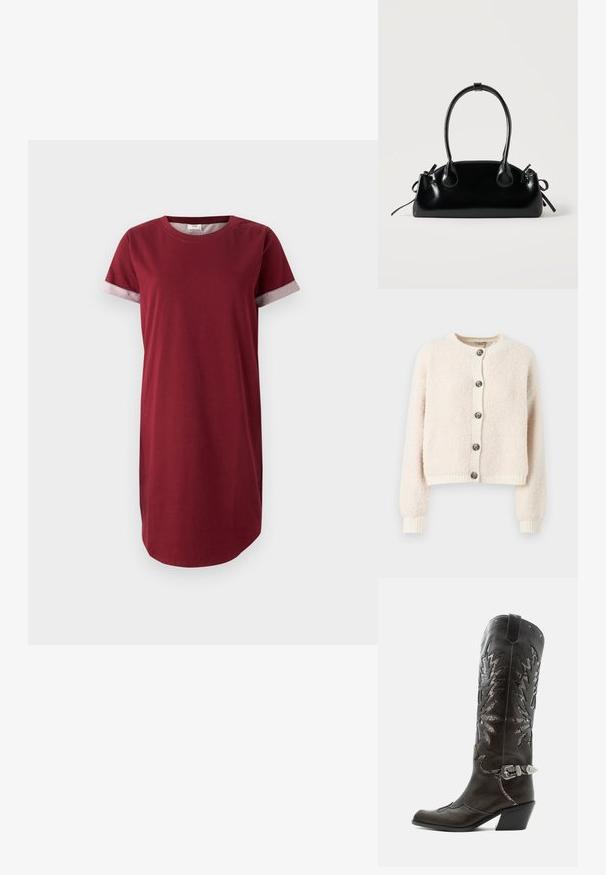 Crème-kleurige cropped cardigan van textuurstof, met een ronde halslijn, knoopsluiting aan de voorkant en geribde manchetten en onderkant.; Bordeaux t-shirt jurk van katoen met korte mouwen en grijze patroondetails op de mouwen. Heeft een ronde halslijn en een rechte snit.; Zwarte leren cowboylaars met decoratieve uitsnijdingen, zilveren gesp en schuine hak, weergegeven op een witte achtergrond.; Kleine zwarte glanzende handtas met twee lange hengsels en zijkant trekkoord details op een effen lichte achtergrond.