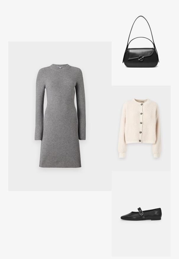 Cremfarbener, kurz geschnittener Cardigan aus strukturiertem Stoff mit Rundhalsausschnitt, Knopfverschluss sowie gerippten Bündchen und Saum.; Object Mini Knitted - Strickkleid - medium grey melange; Schwarzer Lederflatschuh mit runder Zehenform, einem verstellbaren Schnallenriemen und einer glatten, glänzenden Oberfläche. Minimalistisches Design mit einem niedrigen Absatz.; Schwarze Lederschultertasche mit einer geschwungenen Klappe, die durch einen runden Metallverschluss gesichert ist, und einem schlanken, verstellbaren Riemen.