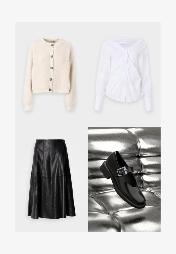 Cremefarvet cropped cardigan lavet af struktureret stof, med rund halsudskæring, knaplukning foran og ribbede manchetter og kant.; Good American Bluse - white; Sort lædernederdel med en flagrende silhuet, der har synlige sømme og en glat tekstur. Mellemlang design med en klassisk snit.; Sorte læder Mary Jane sko med firkantet tå, en sølv spænde accent og en chunky lav hæl, sat mod en glansfuld sølv baggrund.
