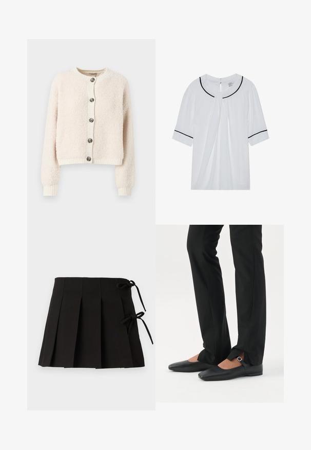 Cremefarvet cropped cardigan lavet af struktureret stof, med rund halsudskæring, knaplukning foran og ribbede manchetter og kant.; Hvid kortærmet bluse med rund halsudskæring, der har sort kant langs kraven og ærmerne, samt en nøglehulslukning i ryggen.; Sort plisseret nederdel med sidesnore, lavet af stof med en glat tekstur; har et struktureret design og rene linjer.; Ben iført sorte smalle bukser med forreste slidser ved kanten, parret med sorte flade Mary Jane-sko med lille spænde.
