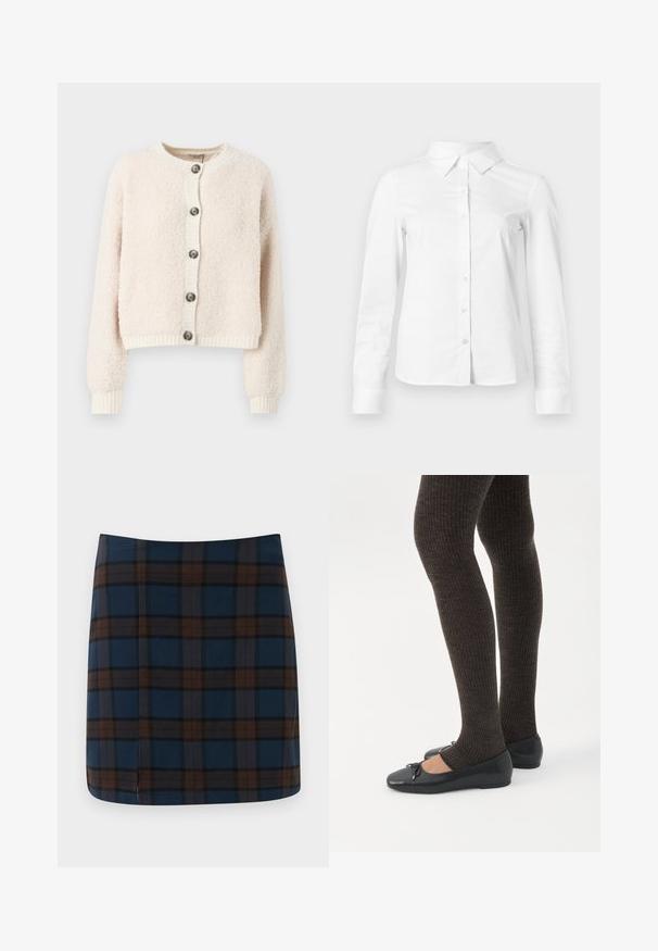 Crème-kleurige cropped cardigan van textuurstof, met een ronde halslijn, knoopsluiting aan de voorkant en geribde manchetten en onderkant.; Witte blouse met lange mouwen en knopen, met puntige kraag, rechte zoom en aansluitende silhouet, weergegeven op een effen lichte achtergrond.; Donkerblauwe geruite mini-jurk met bruine en grijze lijnen, gemaakt van een gladde stof, met een subtiele split aan de achterkant voor gemakkelijke beweging.; Benen met donkere geribbelde leggings gecombineerd met zwarte ballerina's met kleine strikdetails op een witte achtergrond.