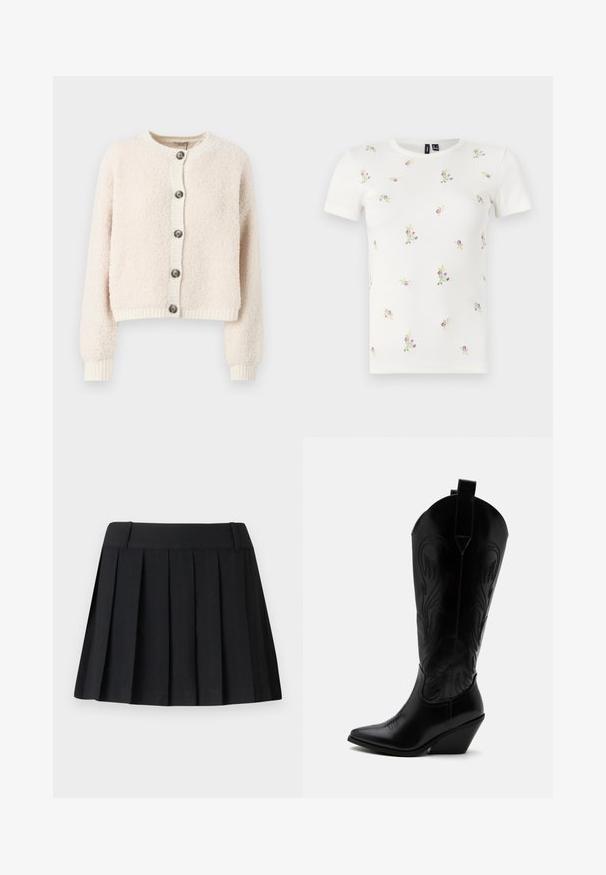 Crème-kleurige cropped cardigan van textuurstof, met een ronde halslijn, knoopsluiting aan de voorkant en geribde manchetten en onderkant.; Witte katoenen T-shirt met korte mouwen, voorzien van een geribbelde textuur en verspreide bloemrijke borduursels in roze en groen.; Zwarte geplooide rok met een op maat gemaakte tailleband, gemaakt van lichte stof. Kenmerkt zich door gelijkmatig verdeelde plooien en een eenvoudig, strak ontwerp.; Zwarte leren cowboylaars met puntige neus, schuine blokhak, decoratieve stiksels en aantreklusjes bovenaan tegen een witte achtergrond.