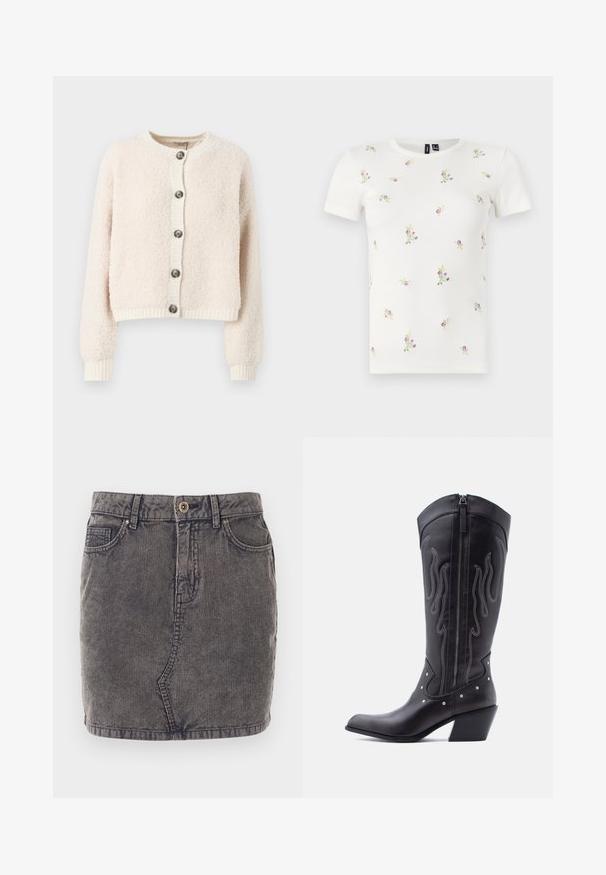 Crème-kleurige cropped cardigan van textuurstof, met een ronde halslijn, knoopsluiting aan de voorkant en geribde manchetten en onderkant.; Witte katoenen T-shirt met korte mouwen, voorzien van een geribbelde textuur en verspreide bloemrijke borduursels in roze en groen.; Grijze spijkerrok met verticale ribbelstructuur, voorzien van een sluiting met knopen aan de voorkant, twee zijzakken en een rechte zoom.; Zwarte leren cowboylaarzen met een puntige neus, zichtbare stiksels, zilveren studaccenten en een ritssluiting aan de binnenkant.