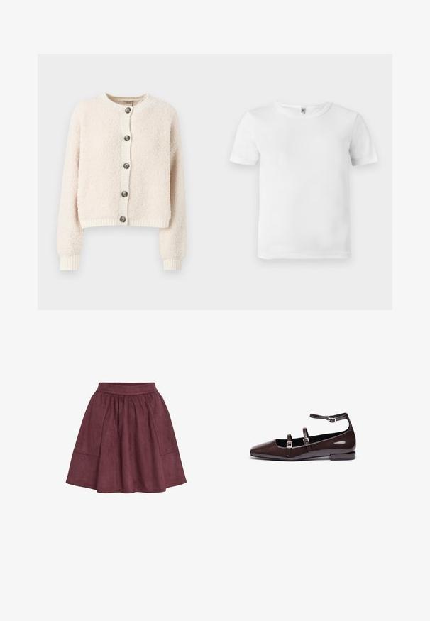 Crème-kleurige cropped cardigan van textuurstof, met een ronde halslijn, knoopsluiting aan de voorkant en geribde manchetten en onderkant.; Witte t-shirt met korte mouwen en een geribde textuur. Klassieke ronde hals, geen zichtbare logo's of patronen, en een eenvoudig, strak ontwerp.; Bordeaux suède rok met een flared vorm, elastische tailleband en twee zijzakken, met een zachte textuur en minimalistisch ontwerp.; Bruine gepatineerde leren ballerina's met een spitse neus, voorzien van twee verstelbare banden en zilveren gespen, en een lage, vierkante hak.