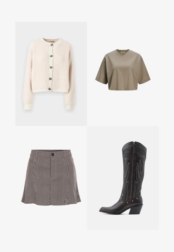 Crème-kleurige cropped cardigan van textuurstof, met een ronde halslijn, knoopsluiting aan de voorkant en geribde manchetten en onderkant.; Bruine cropped t-shirt gemaakt van zachte katoen, met een ronde halslijn en korte mouwen. Soepele textuur met subtiele stiksels.; Geruite rok in zwart en wit, gemaakt van lichte stof, met een tailleband met een knoop en een geplooid ontwerp voor extra detail.; Bruine leren cowboylaarzen met vlamstiksels, zijrits, zilveren studs, spits toelopende neus en gestapelde hak.