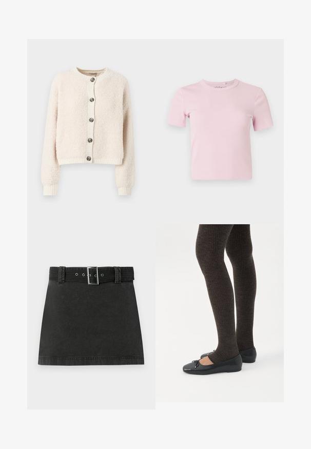 Crème-kleurige cropped cardigan van textuurstof, met een ronde halslijn, knoopsluiting aan de voorkant en geribde manchetten en onderkant.; Lichtroze ribgebreid T-shirt met korte mouwen, een ronde halslijn en een getailleerd ontwerp. De stof heeft een zachte textuur en minimale details.; Zwarte denim mini-jurk met een bijpassende riem met metallic gesp en riemlussen, plat weergegeven op een witte achtergrond.; Benen met donkere geribbelde leggings gecombineerd met zwarte ballerina's met kleine strikdetails op een witte achtergrond.