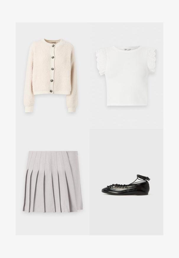 Cremefarvet cropped cardigan lavet af struktureret stof, med rund halsudskæring, knaplukning foran og ribbede manchetter og kant.; Hvid kortærmet strikket top med rund halsudskæring og flæset øjenskyggeblonde detaljer på ærmerne.; Grå plisseret nederdel med en glat tekstur, der har flere lodrette folder og en tætsiddende talje. Fremstillet af letvægtsstof.; Sorte balletflade sko i laklæder med rundet tå, snørelukning og flad sål. Glat tekstur med få detaljer.